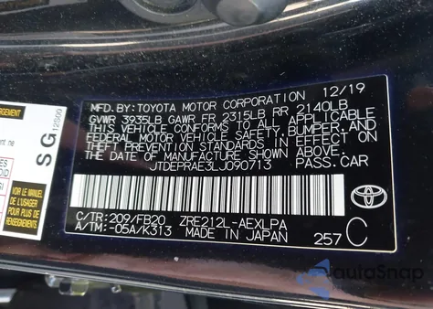 2020 Toyota Corolla Le z USA, uszkodzony, nr VIN JTDEPRAE3LJ090713